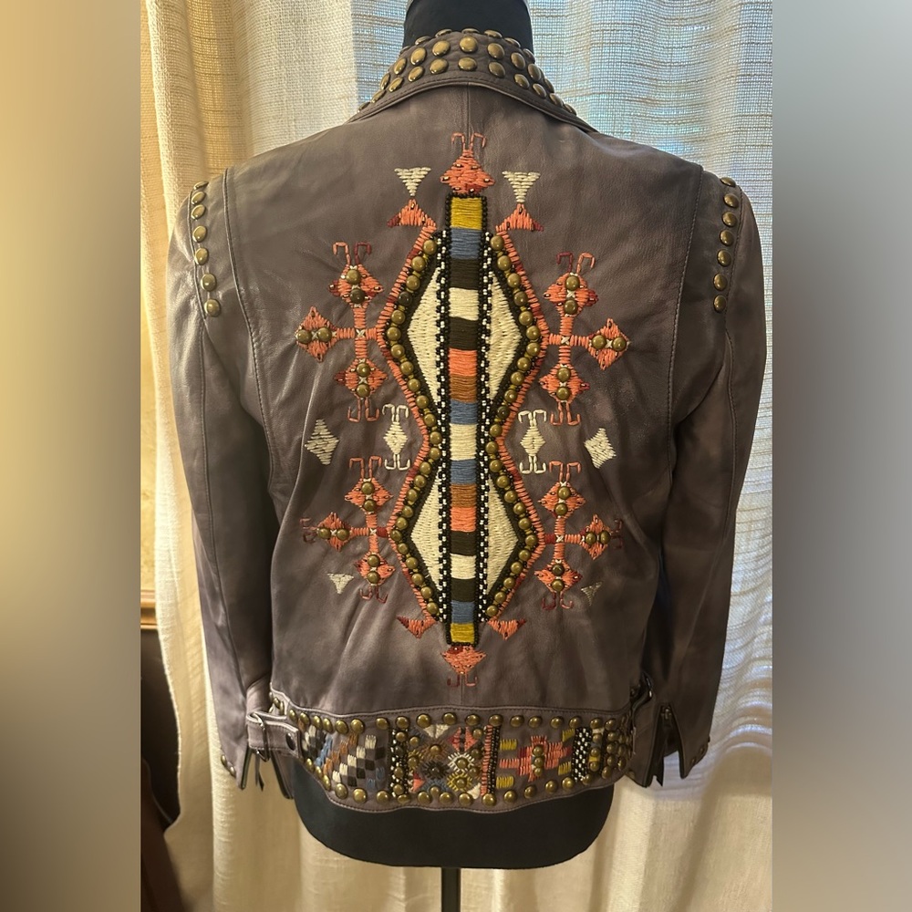 New Double D Ranch Rare Artisan Studded and Embroidered Gray Leather Jacket. New